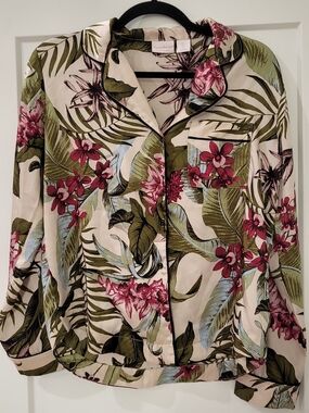 Tommy Bahama Floral Button-Down Sleep Shirt in Cream, Olive & Burgundy-Pink